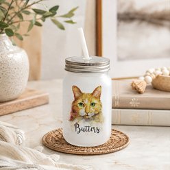 Custom Personalization Solutions Pet Breeds Cat Orange Frosted Mason Jar with Lid & Straw, White, 15-oz