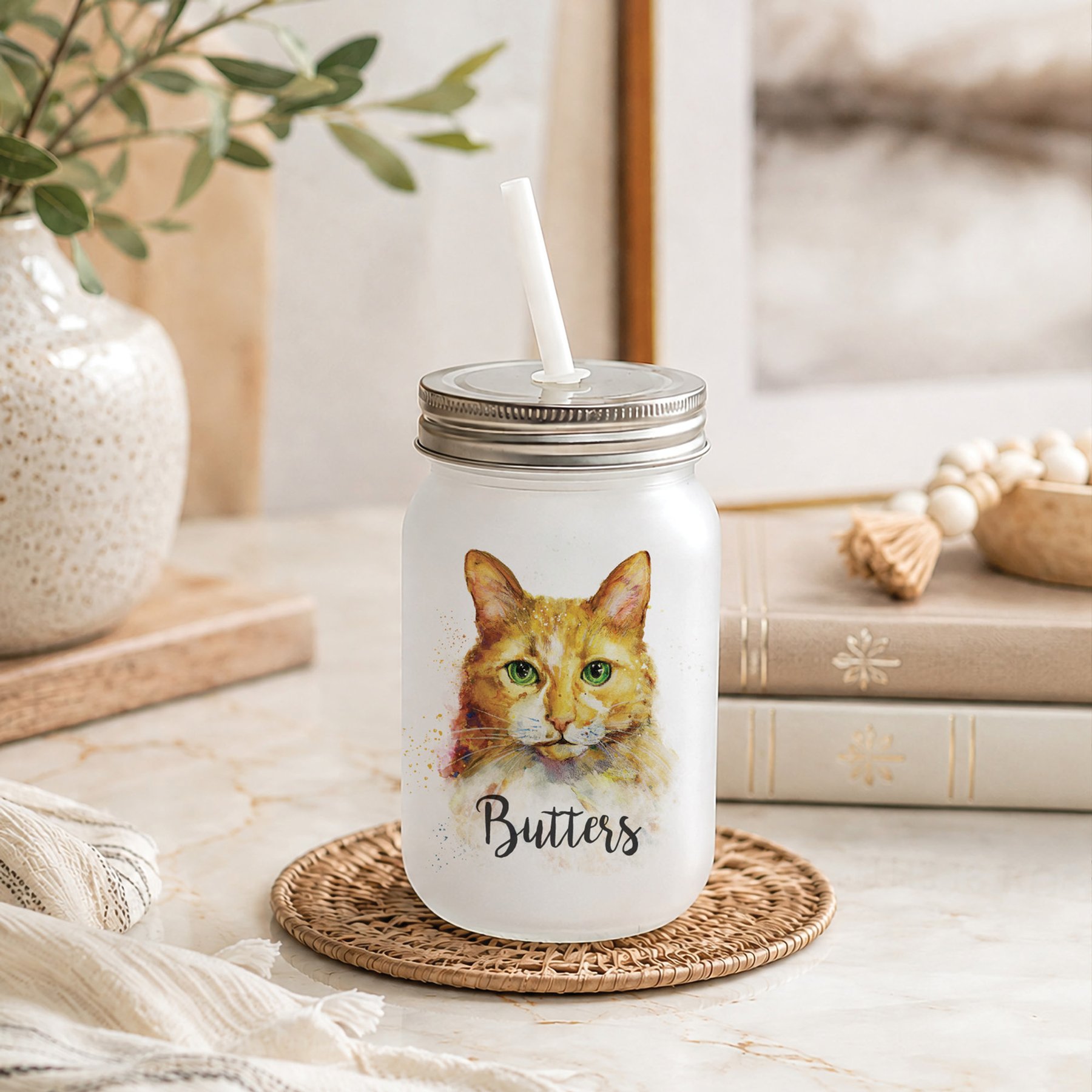 Custom Personalization Solutions Pet Breeds Cat Orange Frosted Mason Jar with Lid & Straw, White, 15-oz