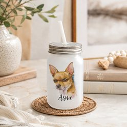 Custom Personalization Solutions Pet Breeds Chihuahua Frosted Mason Jar with Lid & Straw, White, 15-oz