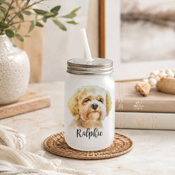 Custom Personalization Solutions Pet Breeds Cockapoo Cream Frosted Mason Jar with Lid & Straw, White, 15-oz