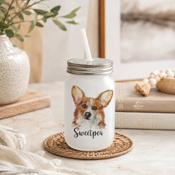 Custom Personalization Solutions Pet Breeds Corgi Frosted Mason Jar with Lid & Straw, White, 15-oz
