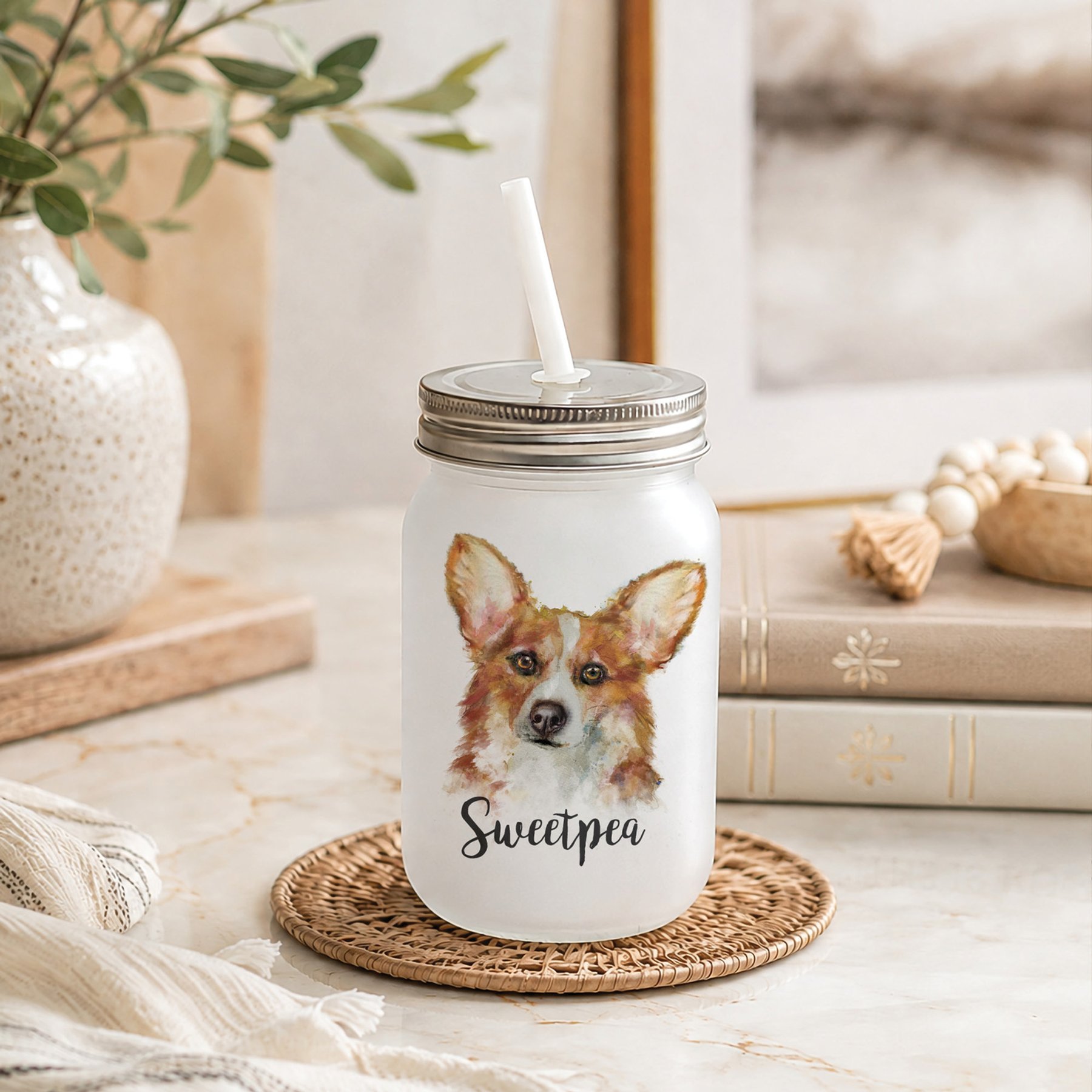 Custom Personalization Solutions Pet Breeds Corgi Frosted Mason Jar with Lid & Straw, White, 15-oz