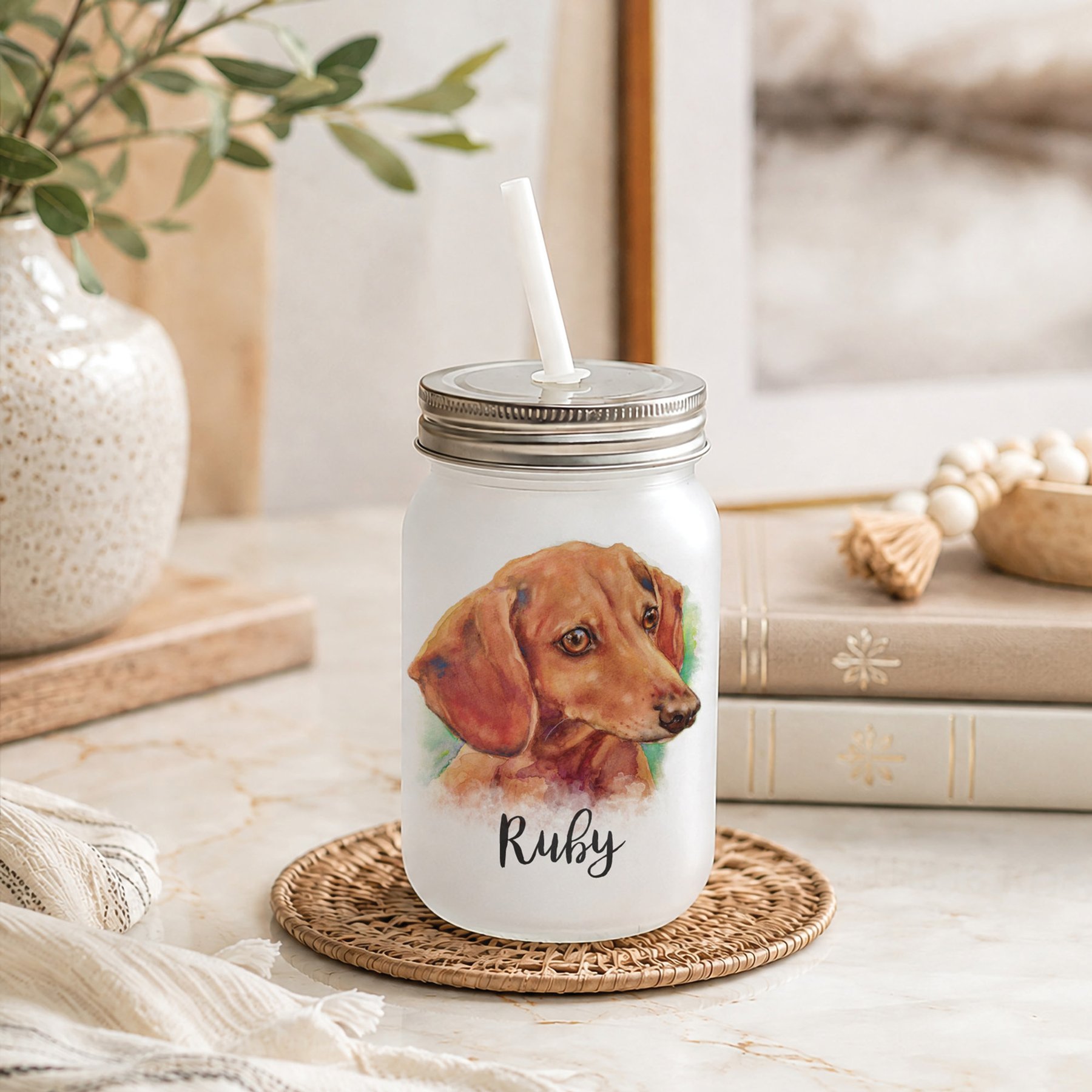 Custom Personalization Solutions Pet Breeds Dachshund Frosted Mason Jar with Lid & Straw, White, 15-oz