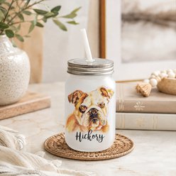 Custom Personalization Solutions Pet Breeds English Bulldog Frosted Mason Jar with Lid & Straw, White, 15-oz