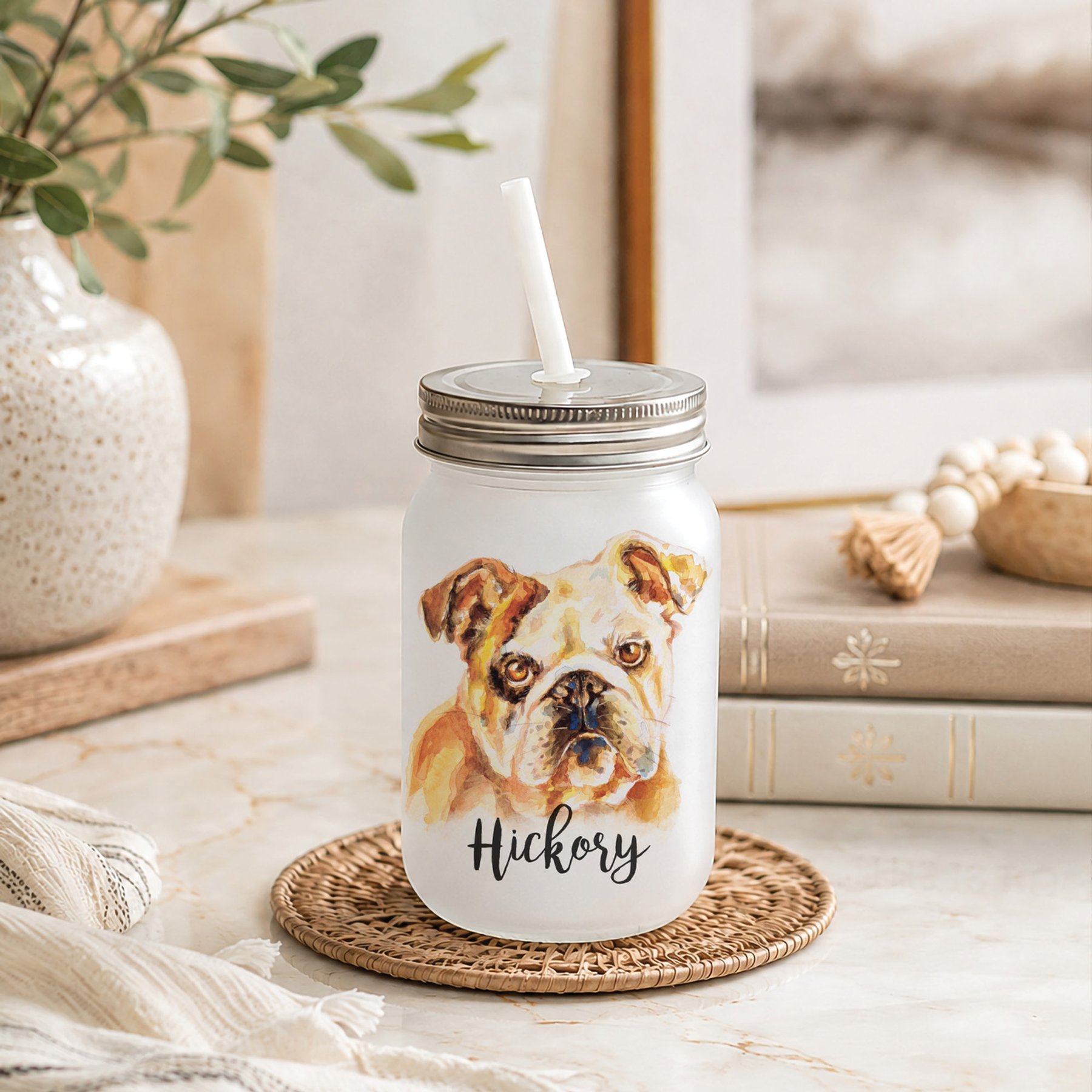 Custom Personalization Solutions Pet Breeds English Bulldog Frosted Mason Jar with Lid & Straw, White, 15-oz