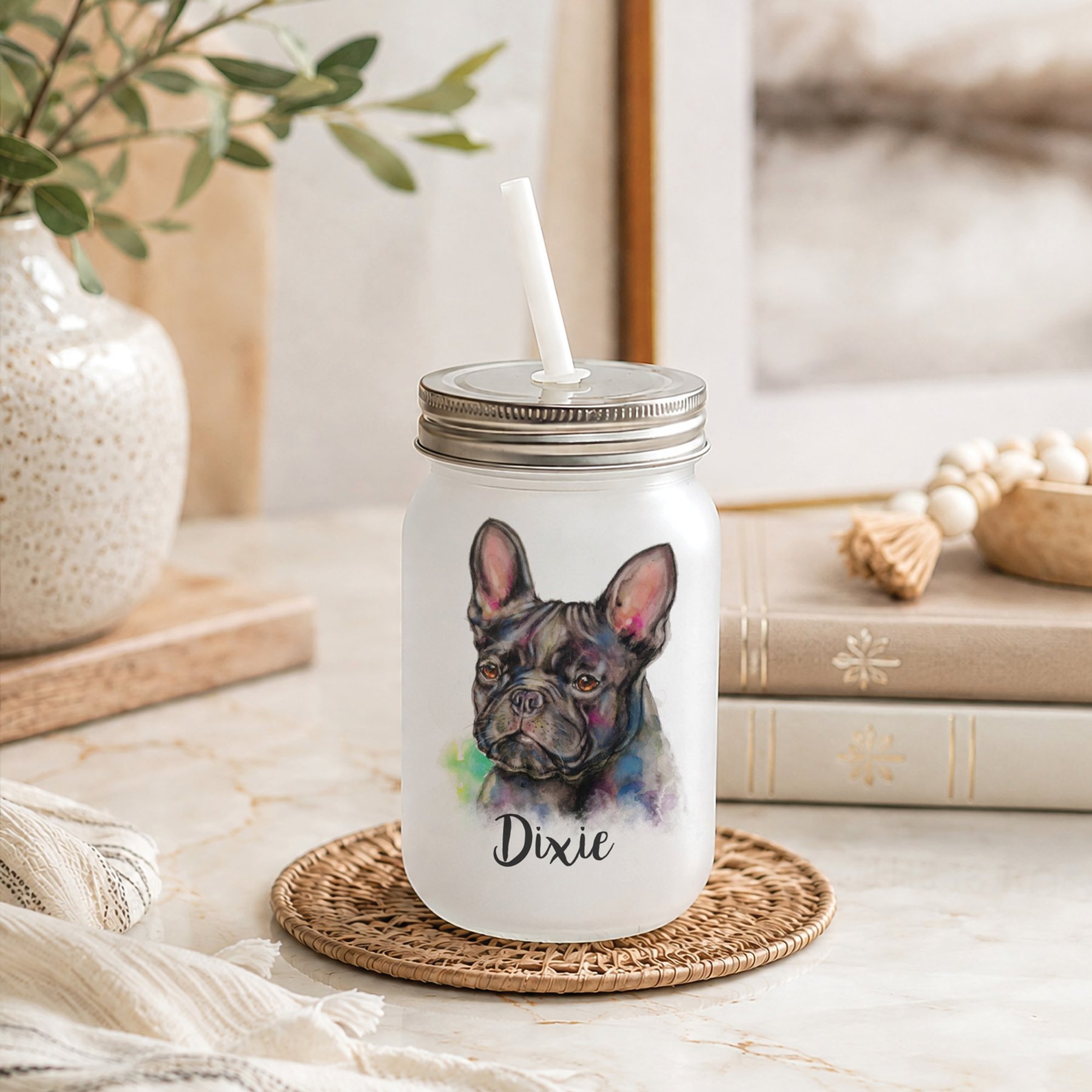 Custom Personalization Solutions Pet Breeds French Bulldog Black Frosted Mason Jar with Lid & Straw, White, 15-oz