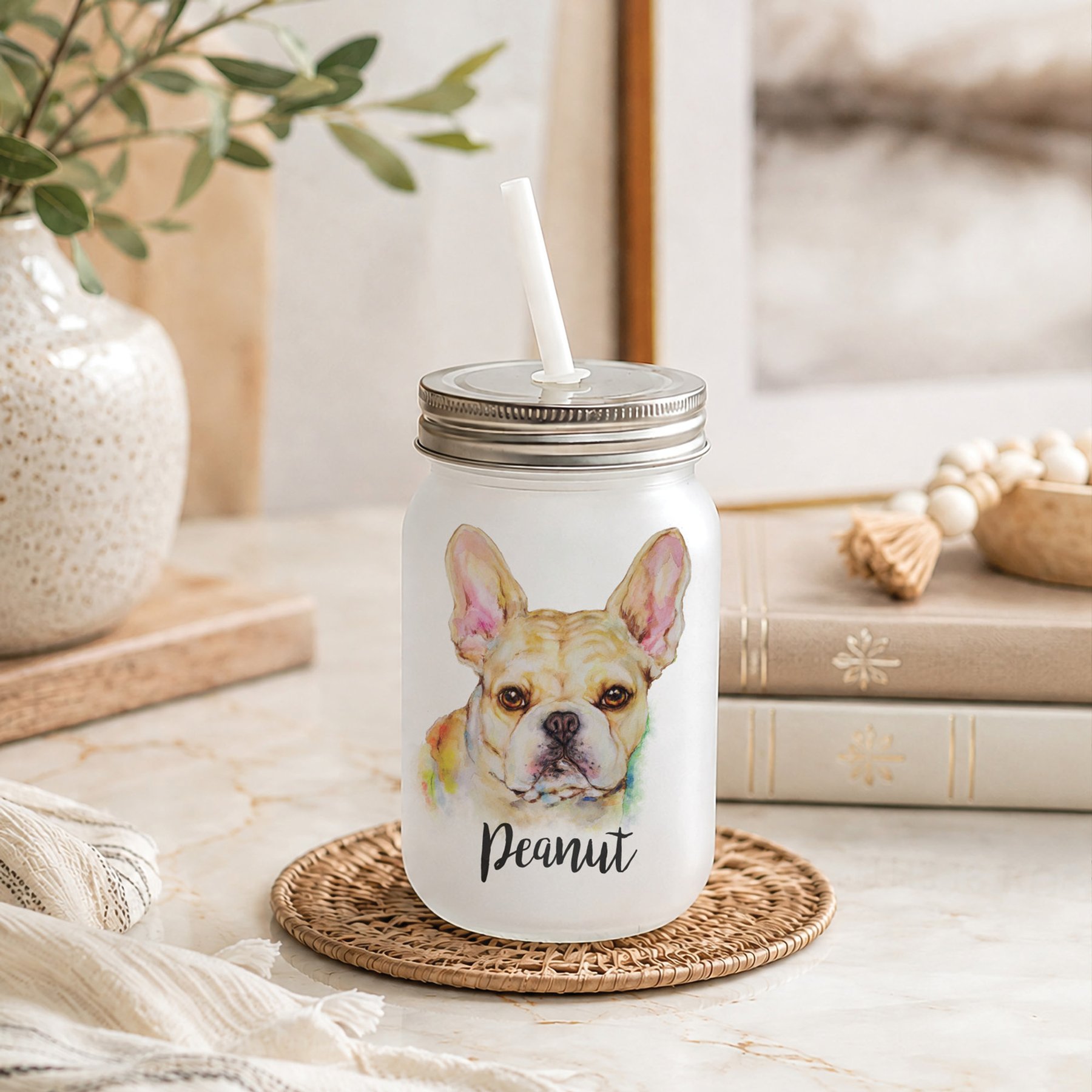 Custom Personalization Solutions Pet Breeds French Bulldog White Frosted Mason Jar with Lid & Straw, White, 15-oz
