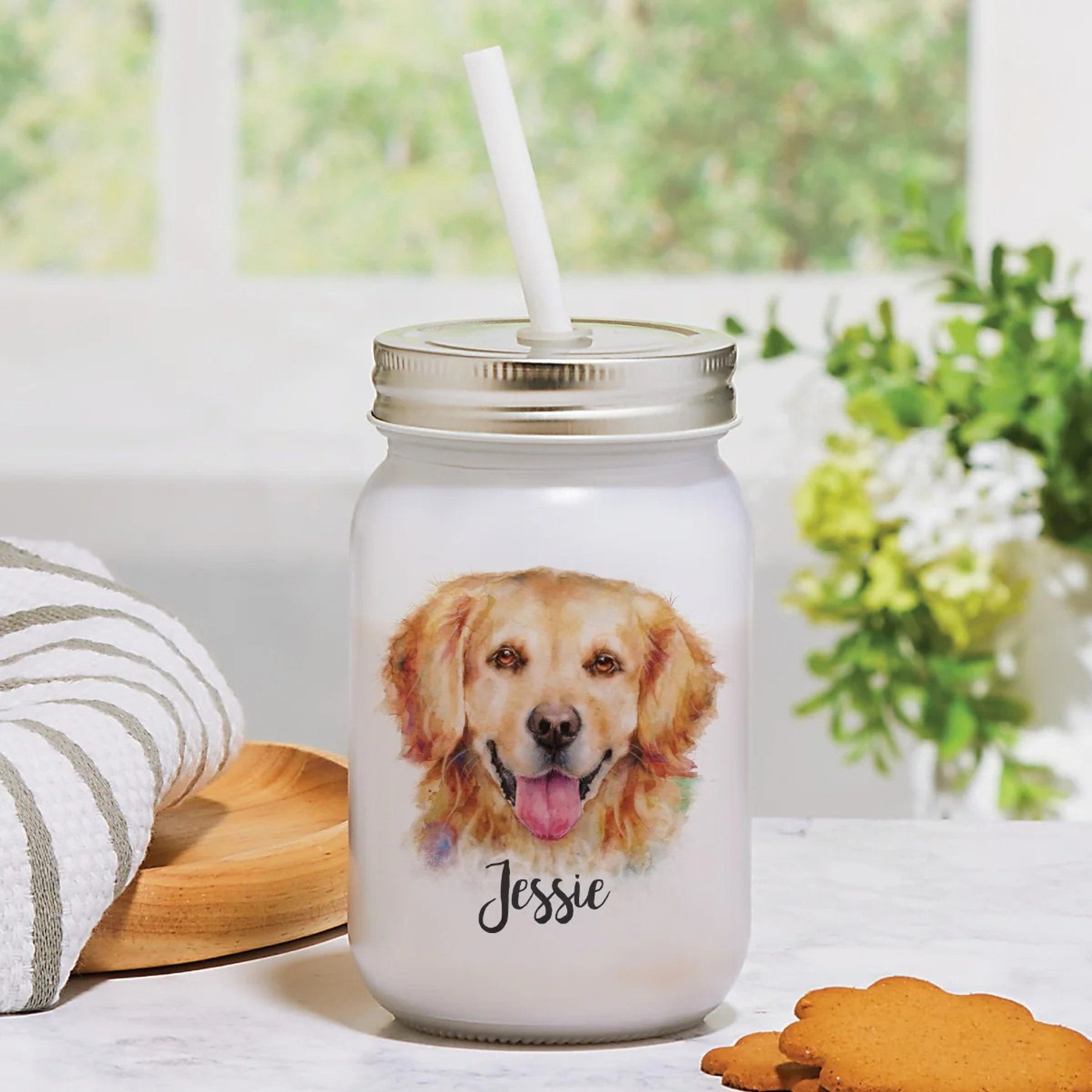 Custom Personalization Solutions Pet Breeds Golden Retriever Frosted Mason Jar with Lid & Straw, White, 15-oz