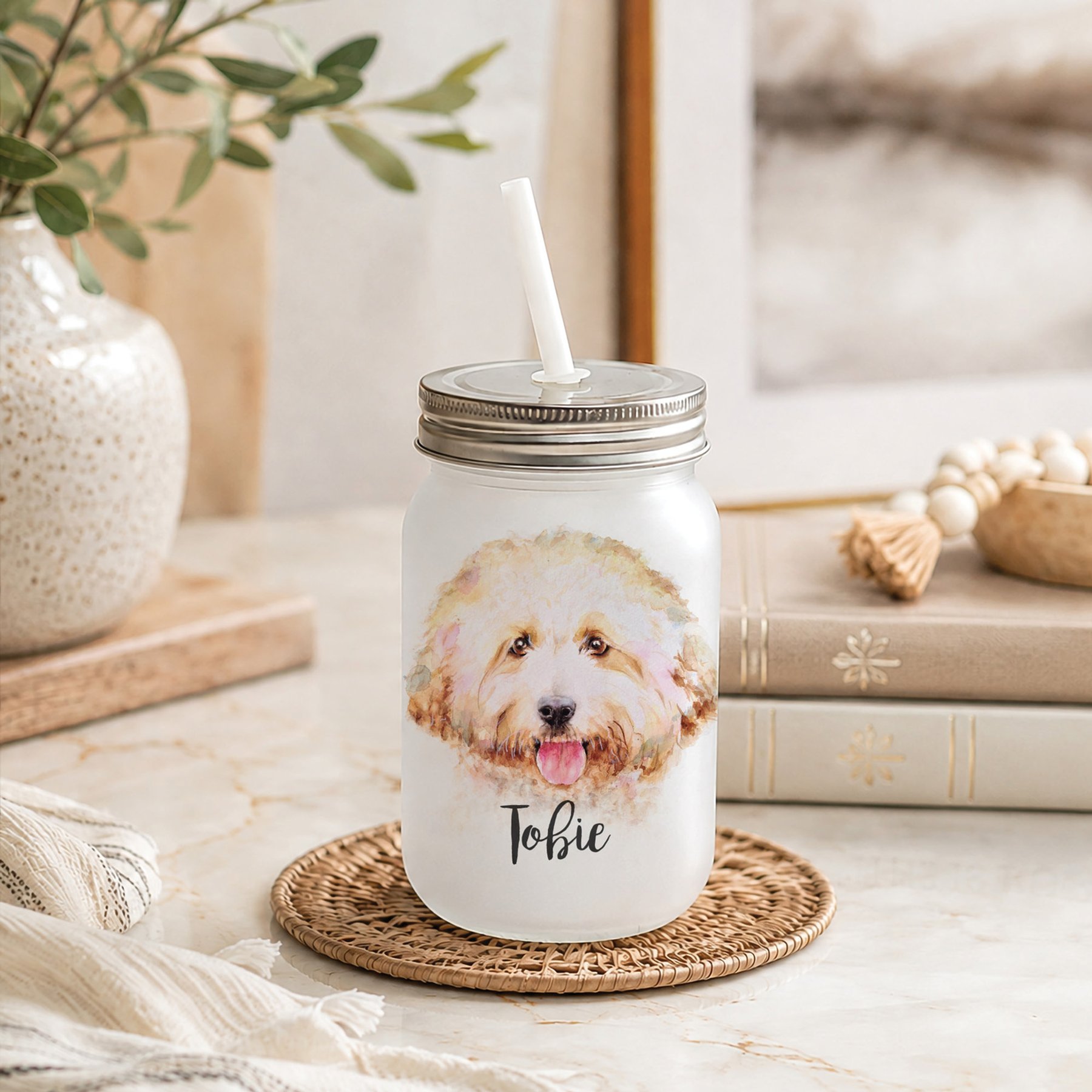 Custom Personalization Solutions Pet Breeds Goldendoodle Frosted Mason Jar with Lid & Straw, White, 15-oz