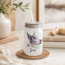Custom Personalization Solutions Pet Breeds Great Dane Harlequin Frosted Mason Jar with Lid & Straw, White, 15-oz