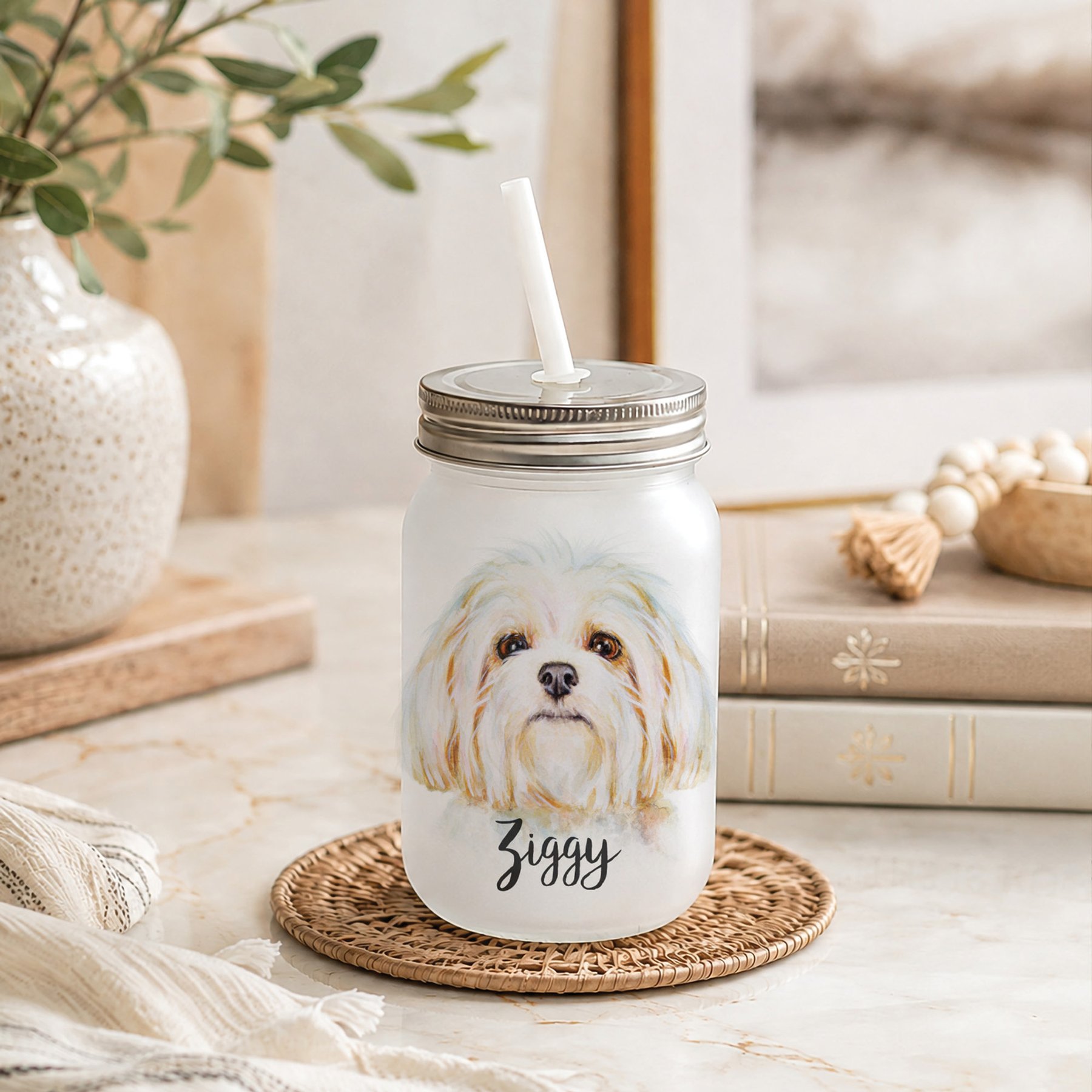 Custom Personalization Solutions Pet Breeds Maltese Frosted Mason Jar with Lid & Straw, White, 15-oz