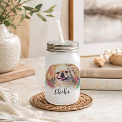 Custom Personalization Solutions Pet Breeds Pekingese Cream Frosted Mason Jar with Lid & Straw, White, 15-oz