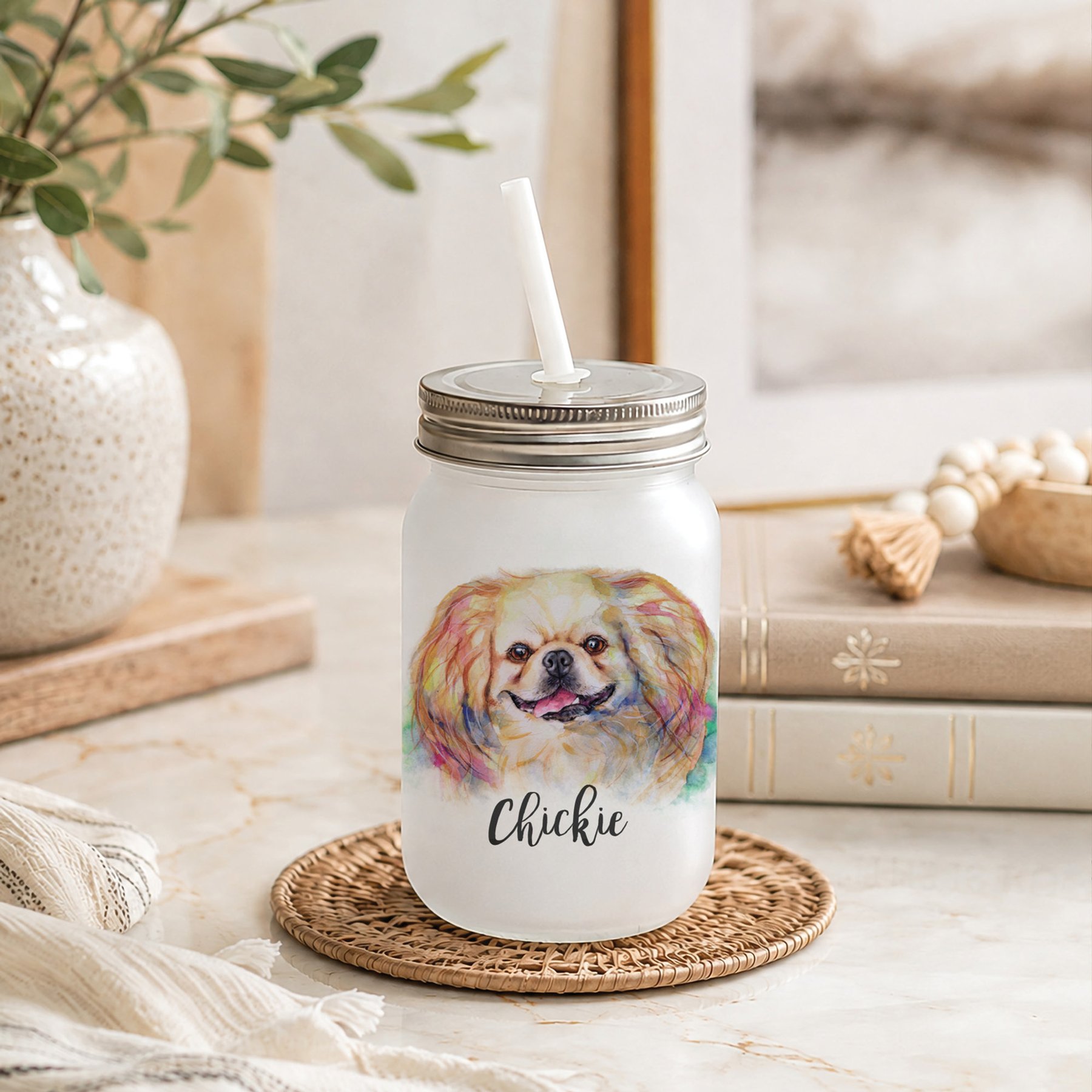 Custom Personalization Solutions Pet Breeds Pekingese Cream Frosted Mason Jar with Lid & Straw, White, 15-oz