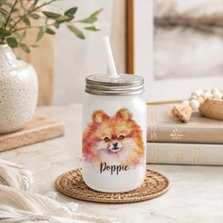 Custom Personalization Solutions Pet Breeds Pomeranian Orange Frosted Mason Jar with Lid & Straw, White, 15-oz
