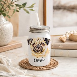 Custom Personalization Solutions Pet Breeds Pug Frosted Mason Jar with Lid & Straw, White, 15-oz