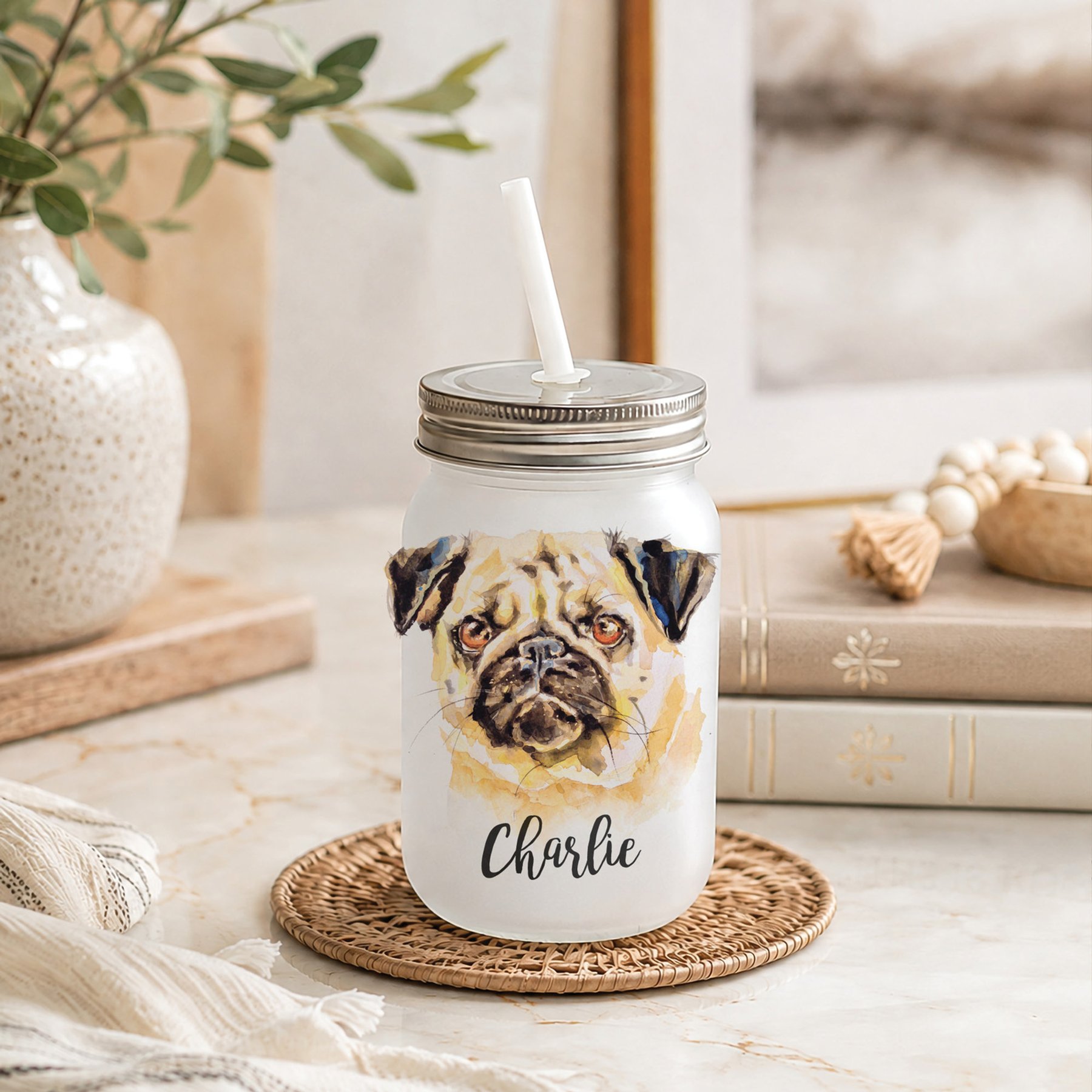 Custom Personalization Solutions Pet Breeds Pug Frosted Mason Jar with Lid & Straw, White, 15-oz