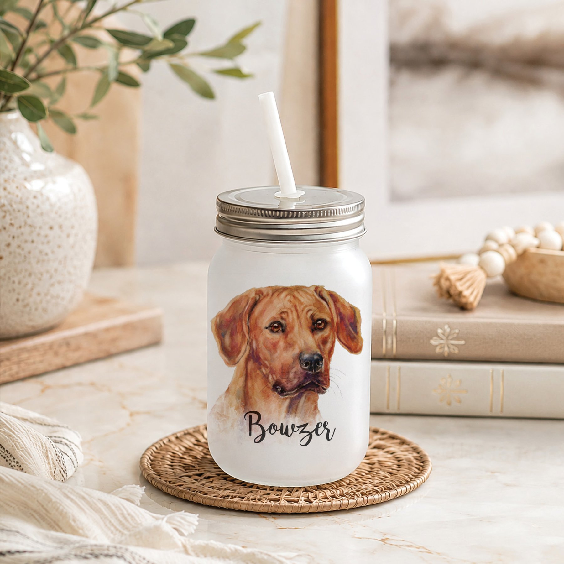 Custom Personalization Solutions Pet Breeds Rhodesian Ridgeback Red Frosted Mason Jar with Lid & Straw, White, 15-oz