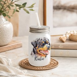 Custom Personalization Solutions Pet Breeds Rottweiler Frosted Mason Jar with Lid & Straw, White, 15-oz