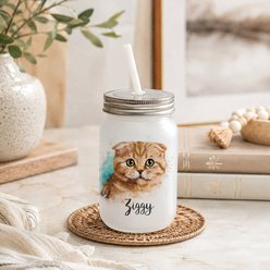Custom Personalization Solutions Pet Breeds Scottish Fold Cat Fawn Frosted Mason Jar with Lid & Straw, White, 15-oz