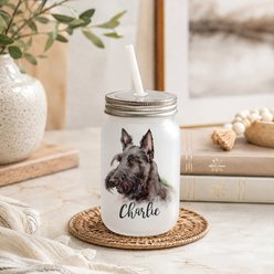 Custom Personalization Solutions Pet Breeds Scottish Terrier Black Frosted Mason Jar with Lid & Straw, White, 15-oz