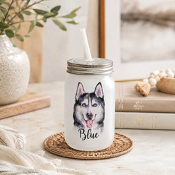 Custom Personalization Solutions Pet Breeds Siberian Husky Black Frosted Mason Jar with Lid & Straw, White, 15-oz