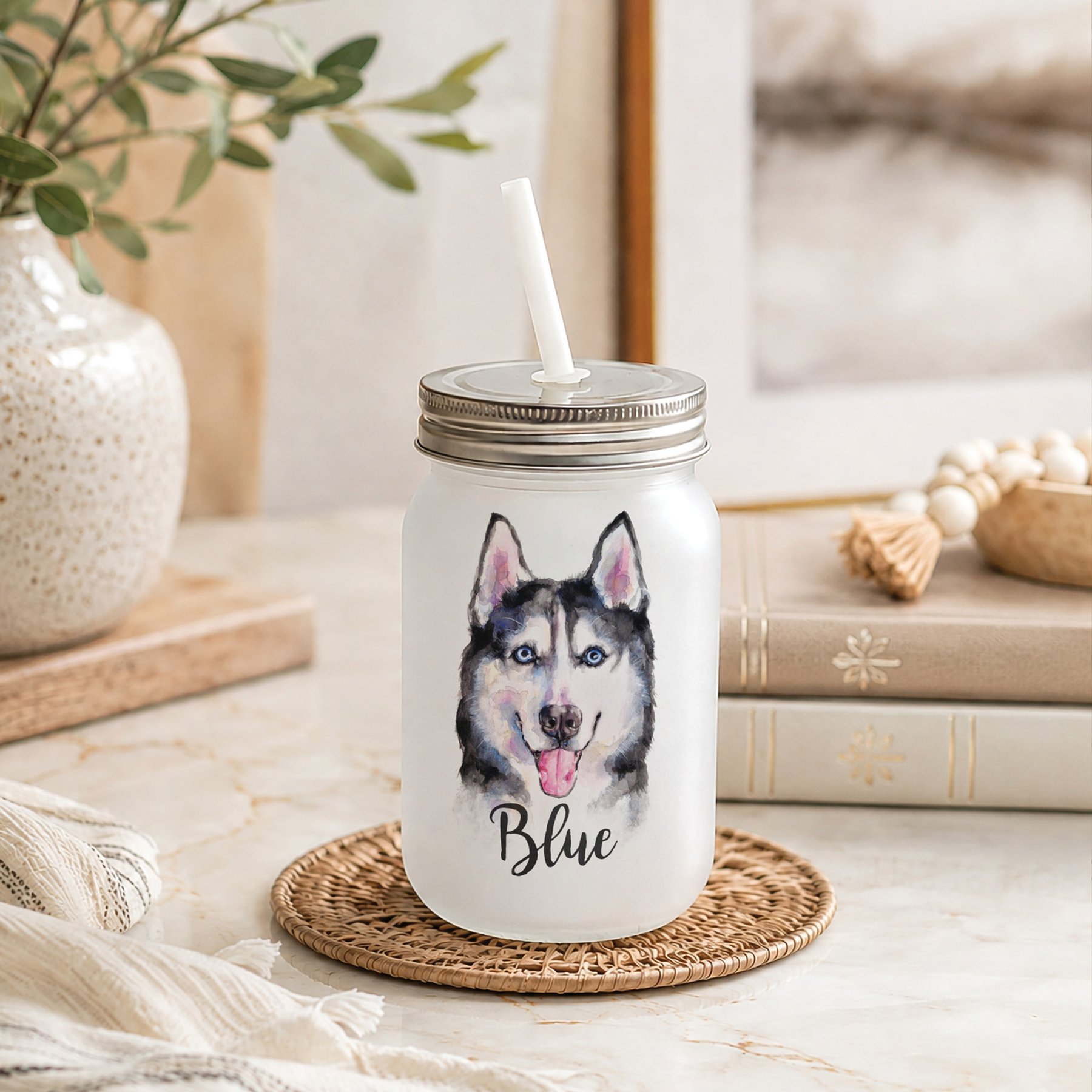 Custom Personalization Solutions Pet Breeds Siberian Husky Black Frosted Mason Jar with Lid & Straw, White, 15-oz