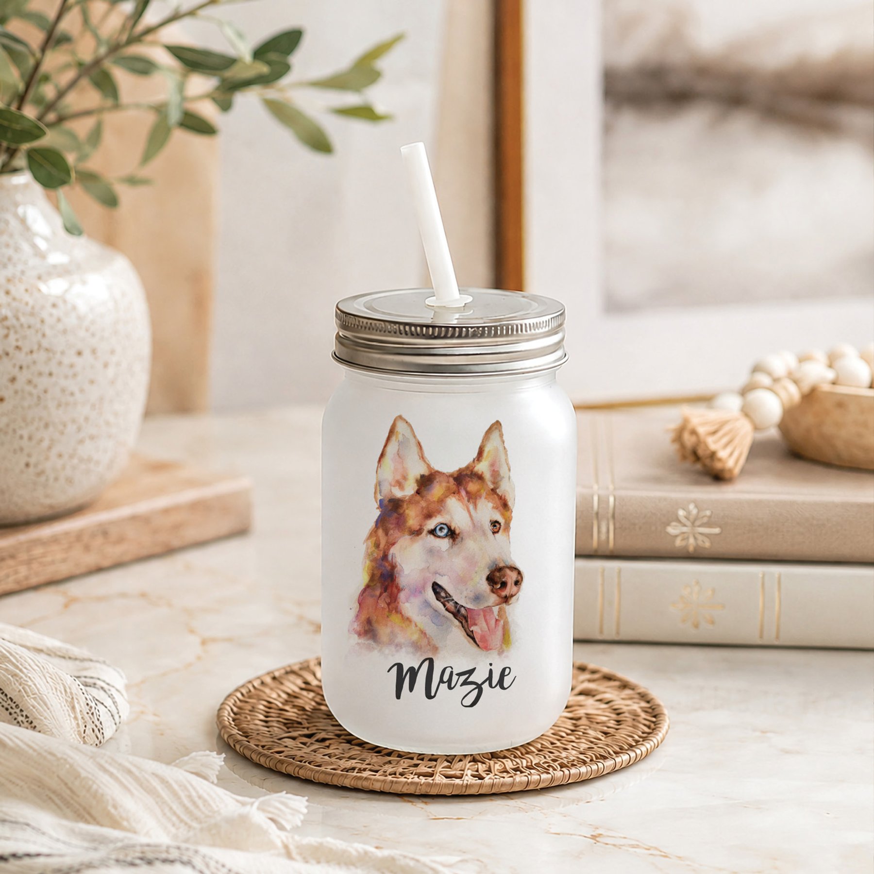 Custom Personalization Solutions Pet Breeds Siberian Husky Red Frosted Mason Jar with Lid & Straw, White, 15-oz