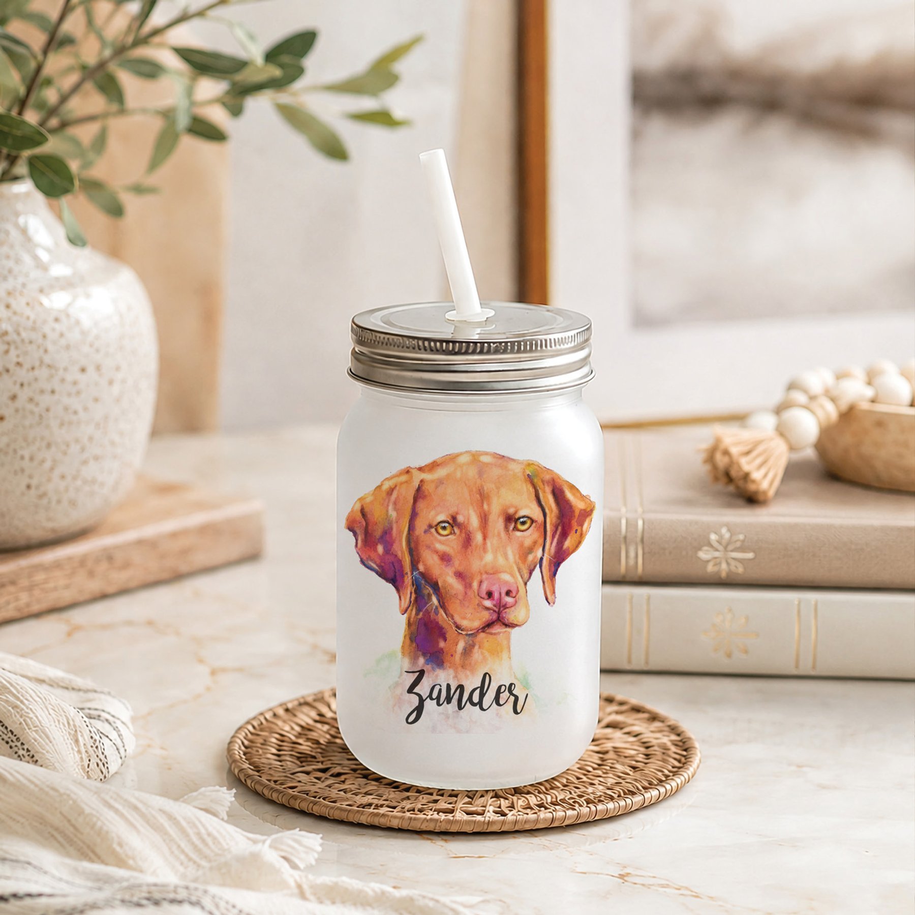 Custom Personalization Solutions Pet Breeds Vizsla Frosted Mason Jar with Lid & Straw, White, 15-oz