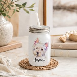 Custom Personalization Solutions Pet Breeds West Highland Terrier Frosted Mason Jar with Lid & Straw, White, 15-oz