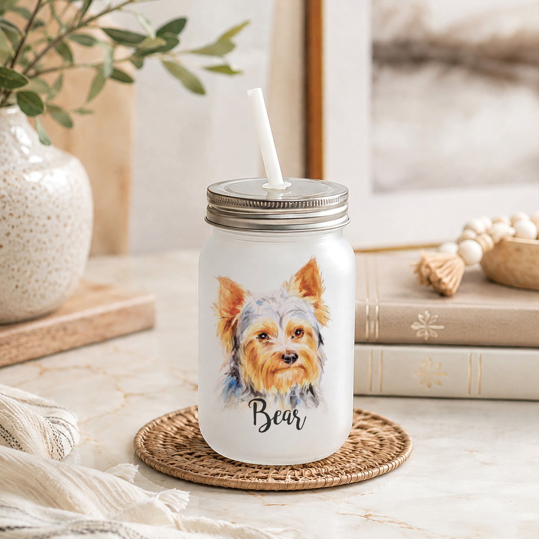 Custom Personalization Solutions Pet Breeds Yorkshire Terrier Frosted Mason Jar with Lid & Straw, White, 15-oz