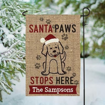 Show full view: Custom Personalization Solutions Christmas Santa Paws Stops Here Personalized Garden Flag slide 2 of 4