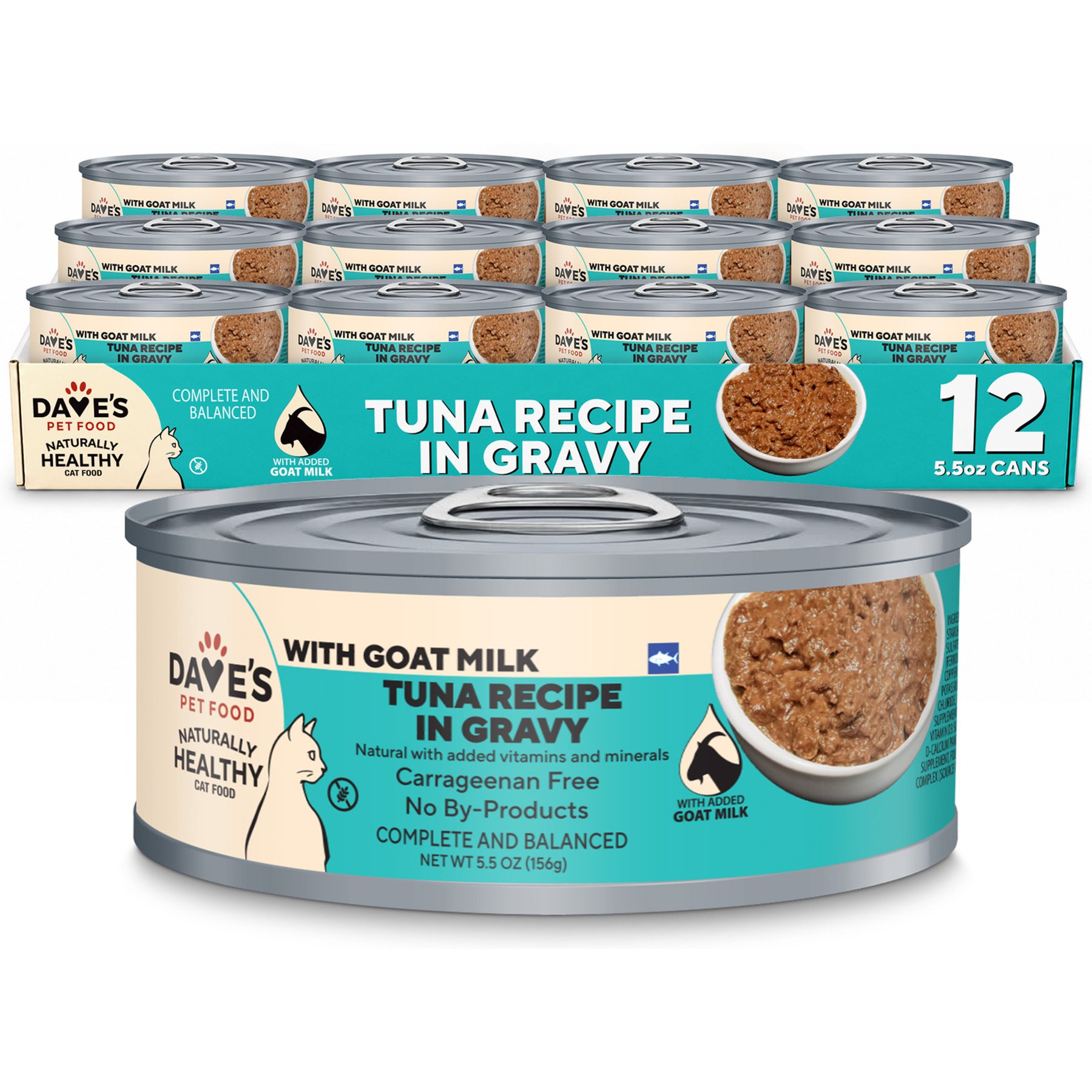 Dave's Pet Food Grain-Free Tuna Flavored in Gravy with Goat's Milk Wet Cat Food, 5.5-oz can, 12 count