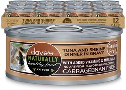 Dave's Pet Food Naturally Healthy Grain-Free Grilled Tuna & Shrimp Dinner in Gravy Wet Cat Food, 5.5-oz can, case of 12
