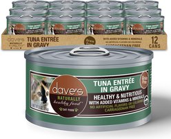 Dave's Pet Food Naturally Healthy Tuna Entree in Gravy Pate Grain-Free Wet Cat Food, 3-oz can, case of 12