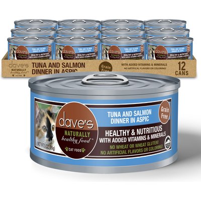 Dave's Pet Food Dave's Pet Food Naturally Healthy Tuna & Salmon Dinner in Aspic Grain-Free Canned Wet Cat Food, 3-oz can, case of 12