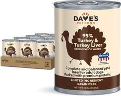 Dave's Pet Food 95% Premium Turkey & Turkey Liver Grain-Free Recipe Canned Wet Dog Food, 12.5-oz, case of 12