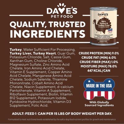 Show full view: Dave's Pet Food 95% Premium Turkey & Turkey Liver Grain-Free Recipe Canned Wet Dog Food, 12.5-oz, case of 12 slide 6 of 11