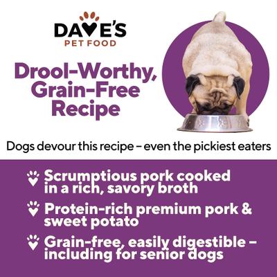 Show full view: Dave's Pet Food Grain-Free Pork & Sweet Potato Entree in Broth Pate Canned Wet Dog Food, 13.2-oz can, case of 12 slide 3 of 11