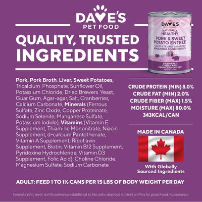 Show full view: Dave's Pet Food Grain-Free Pork & Sweet Potato Entree in Broth Pate Canned Wet Dog Food, 13.2-oz can, case of 12 slide 7 of 11