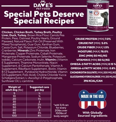 Show full view: Dave's Pet Food Hip & Joint Support with Glucosamine, Chicken, Duck & Turkey Recipe Wet Dog Food, 13.2-oz can, 12 count slide 8 of 11