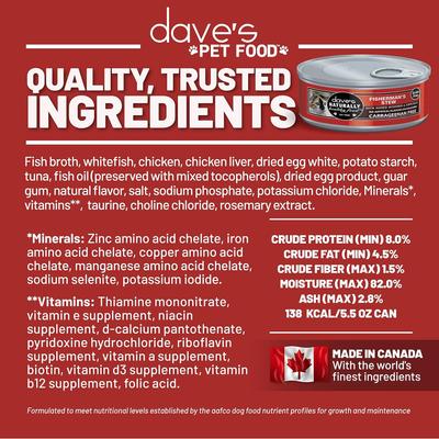 Show full view: Dave's Pet Food Naturally Healthy Grain-Free Fisherman's Stew Canned Wet Cat Food, 5.5-oz, case of 24 slide 6 of 11
