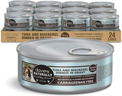 Dave's Pet Food Naturally Healthy Grain-Free Grilled Tuna & Mackerel Dinner in Gravy Wet Canned Cat Food, 5.5-oz can, case of 24
