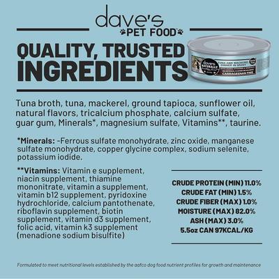 Show full view: Dave's Pet Food Naturally Healthy Grain-Free Grilled Tuna & Mackerel Dinner in Gravy Wet Canned Cat Food, 5.5-oz can, case of 24 slide 6 of 10