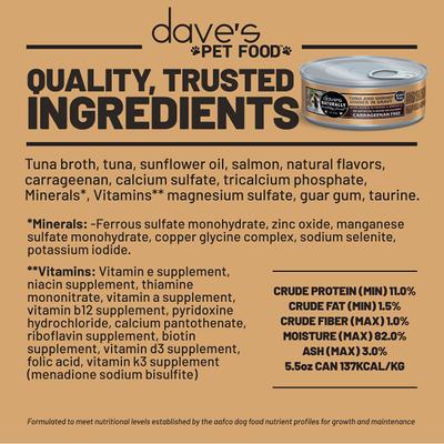 Show full view: Dave's Pet Food Naturally Healthy Grain-Free Grilled Tuna & Shrimp Dinner in Gravy Wet Canned Cat Food, 5.5-oz can, case of 24 slide 7 of 11