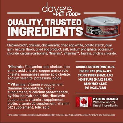 Show full view: Dave's Pet Food Naturally Healthy Grain-Free Shredded Chicken Dinner in Gravy Canned Wet Cat Food, 5.5-oz, case of 24 slide 6 of 11
