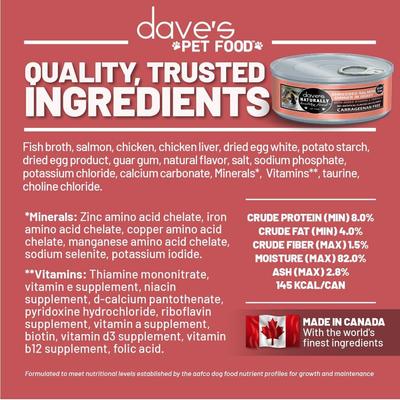 Show full view: Dave's Pet Food Naturally Healthy Grain-Free Shredded Salmon Dinner in Gravy Canned Wet Cat Food, 5.5-oz, case of 24 slide 6 of 11