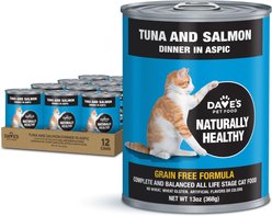Dave's Pet Food Naturally Healthy, Grain-Free Tuna & Salmon Dinner in Aspic Canned Wet Cat Food, 13-oz, case of 12