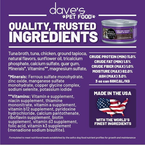 Show full view: Dave's Pet Food Naturally Healthy Tuna & Chicken Dinner in Gravy Grain-Free Wet Cat Food, 3-oz can, case of 24 slide 6 of 11