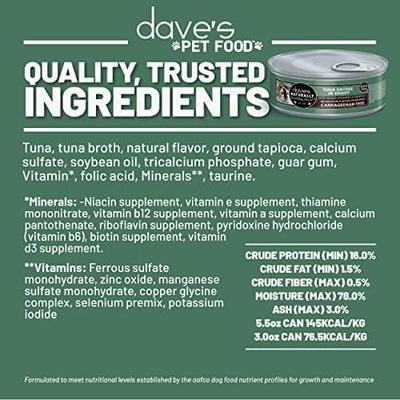 Show full view: Dave's Pet Food Naturally Healthy Tuna Entree in Gravy Pate Grain-Free Wet Cat Food, 5.5-oz can, 24 count slide 6 of 10
