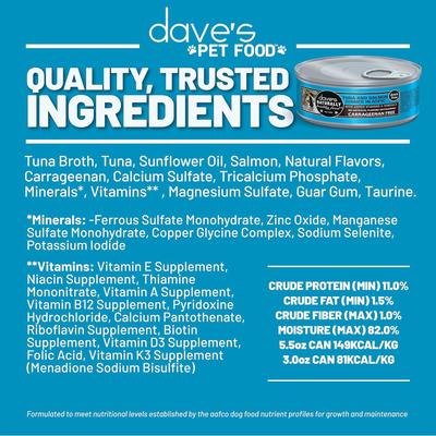 Show full view: Dave's Pet Food Naturally Healthy Tuna & Salmon Dinner in Aspic Grain-Free Canned Wet Cat Food, 5.5-oz can, 24 count slide 6 of 11